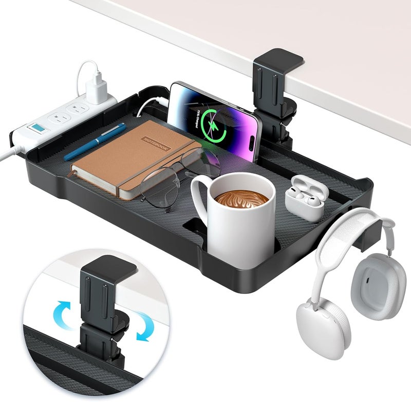 KDD Under Desk Organizer - 360° Rotating Clamp-On Tray with Headphone Hook, Phone & Tablet Holder, Cup Holder, and Cable Management - No Drilling Desk Storage Accessories for Office and Home - Image 1